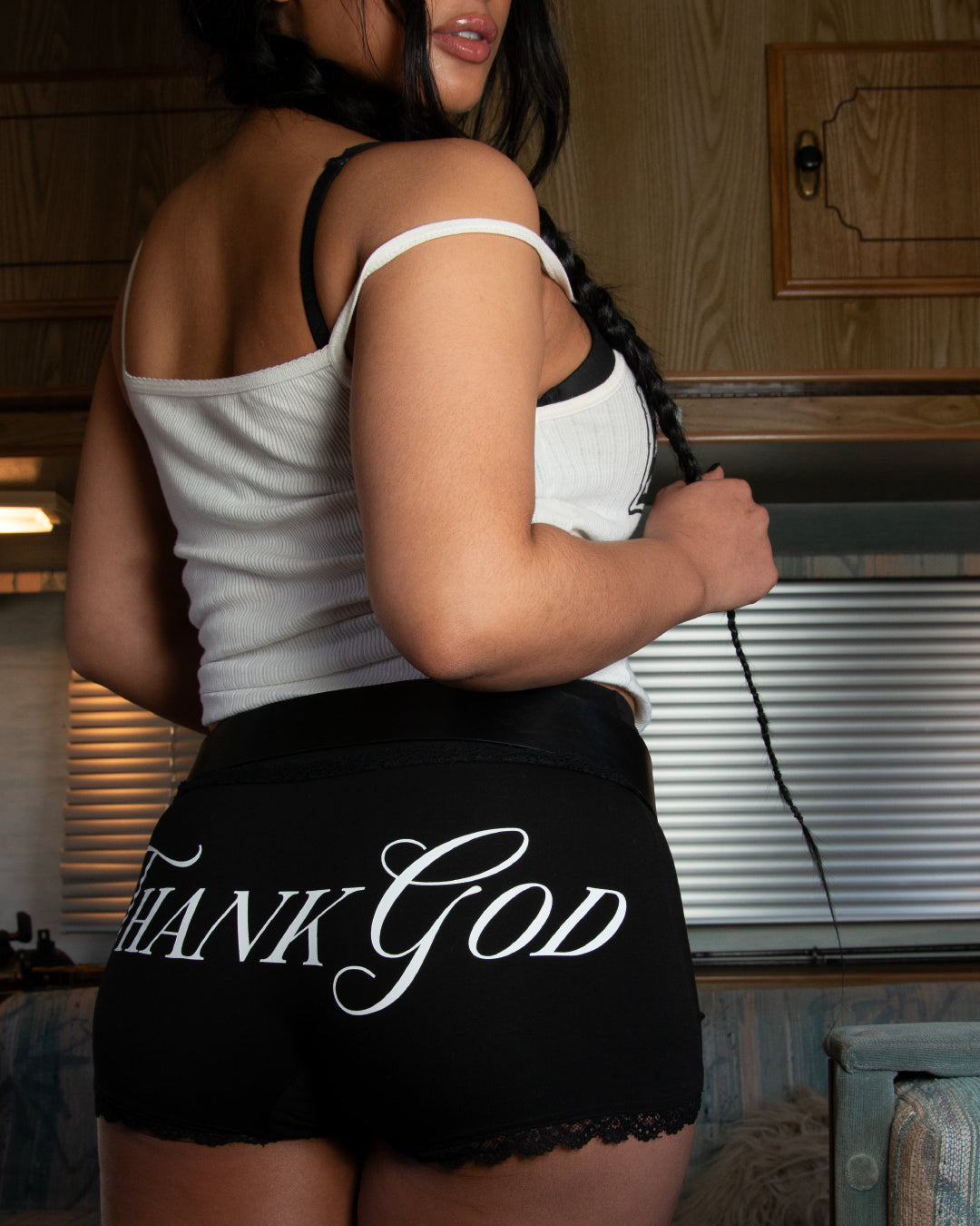 Prngrphy – "Thank God" Lace Trim Mini Shorts