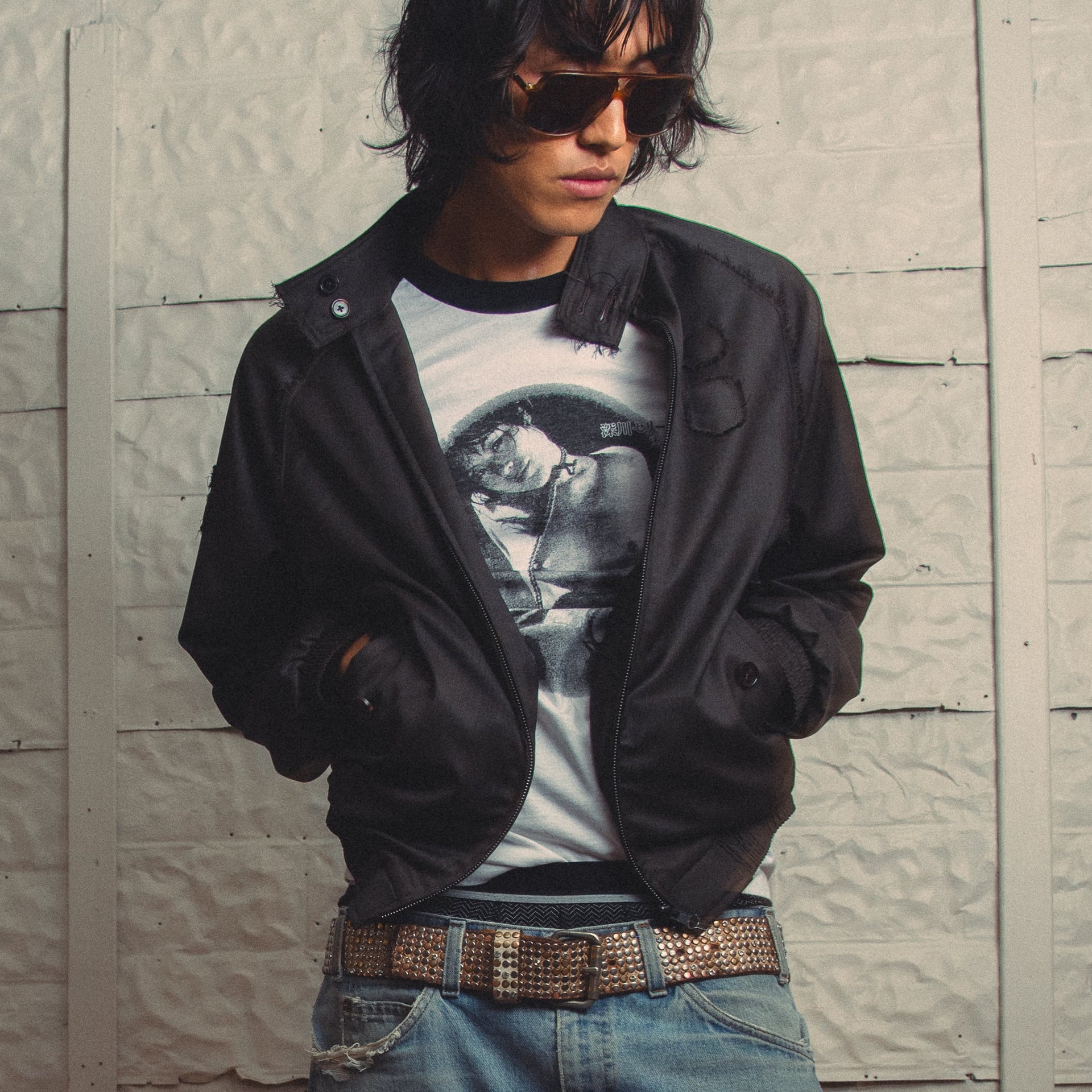 Tashi wearing prngrphy neufeld coach jacket and S&M Tshirt. Leopard patch denim by club prngrphy (10,000 stud EURO Belt) Deadstock Japanese Fabrics, Vintage ringer top