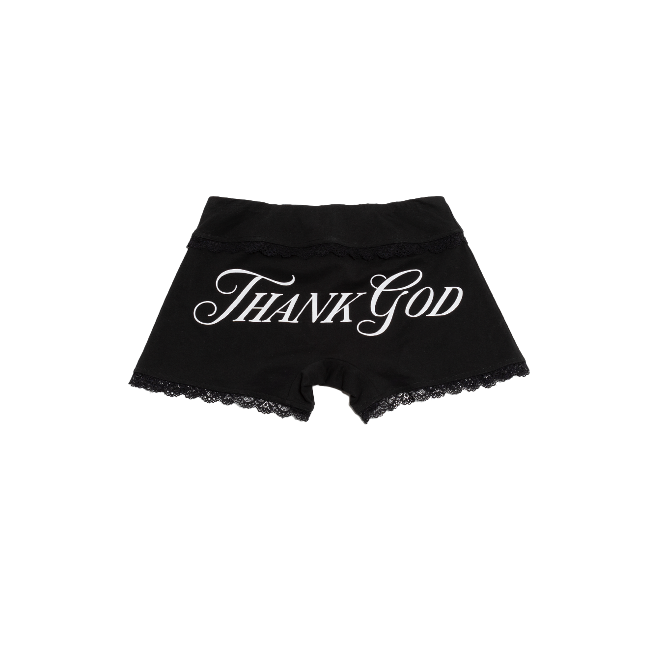 Prngrphy – Black "Thank God" Lace Trim Mini Shorts