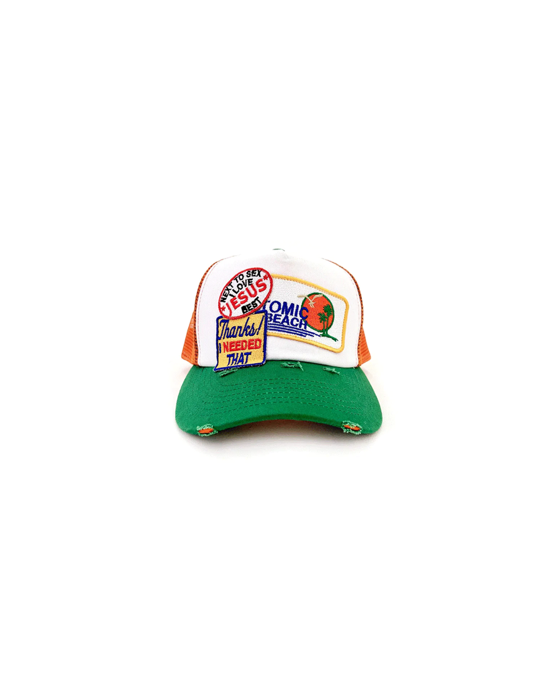 prngrphy ATOMIC BEACH Orange & Green Embroidered Patch 'Souvenir' Trucker hat